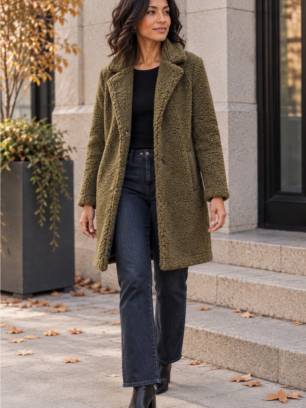 J Crew Teddy Sherpa Topcoat Olive Green Coat XS Petite Preppy Quiet Luxury Cozy
